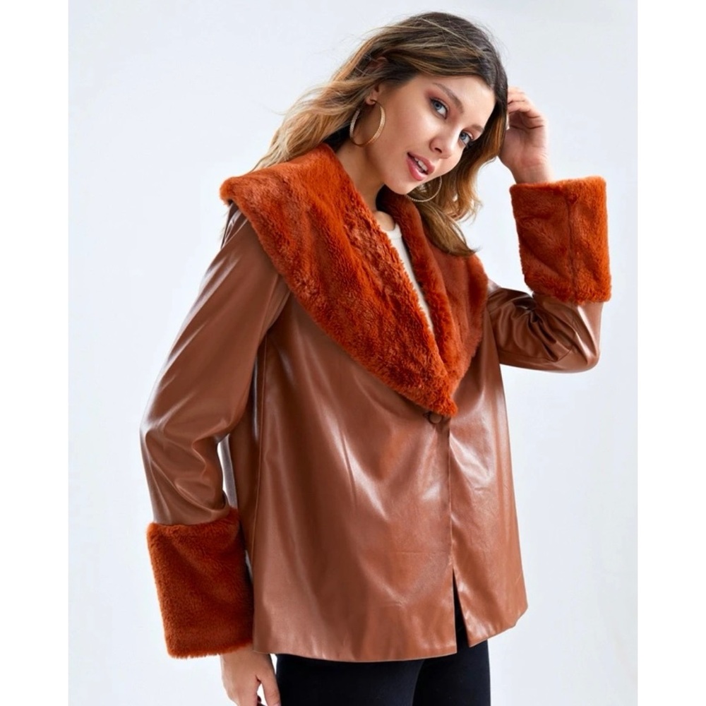 Penny Lane Retro Style Faux Fur Collar Jacket Rust Size Small